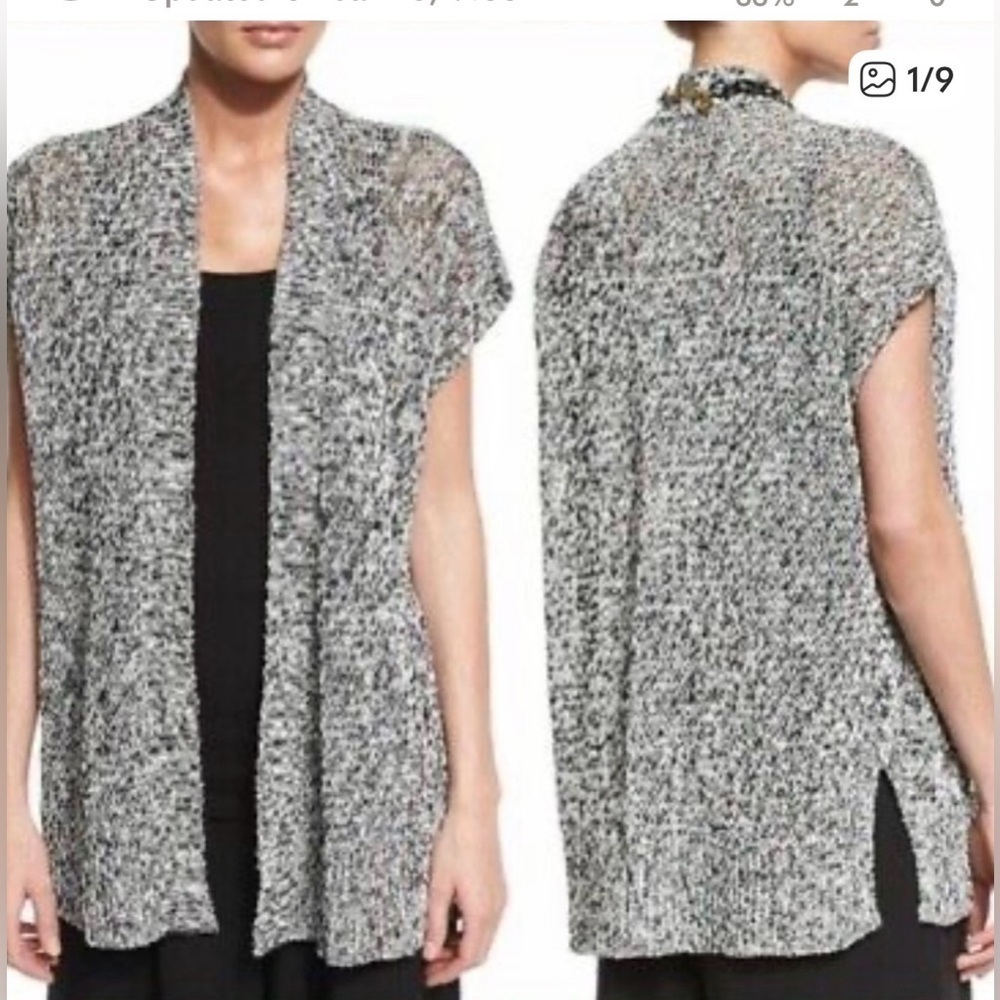 Eileen Fisher BlackWhite Cap Sleeve Organic Linen Cotton Knit Long Cardigan Vest